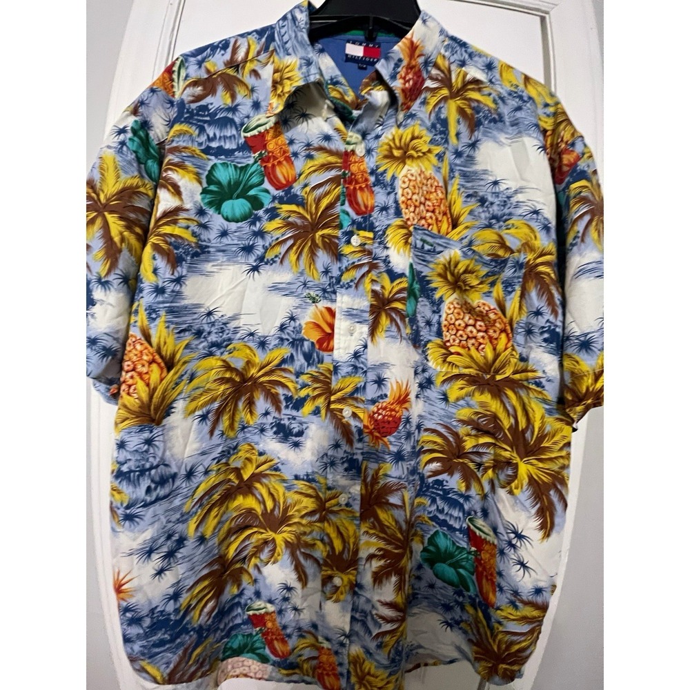 Vintage Tommy Hilfiger Hawaiian Print SS Button Down Shirt Blue Men Large Rayon